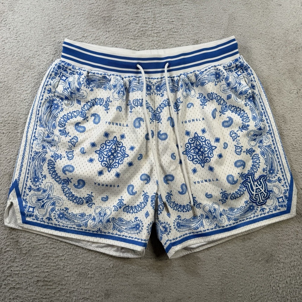 YoungLA Shorts Men Medium White Blue Mesh Lined Drawstring Active Streetwear Gym